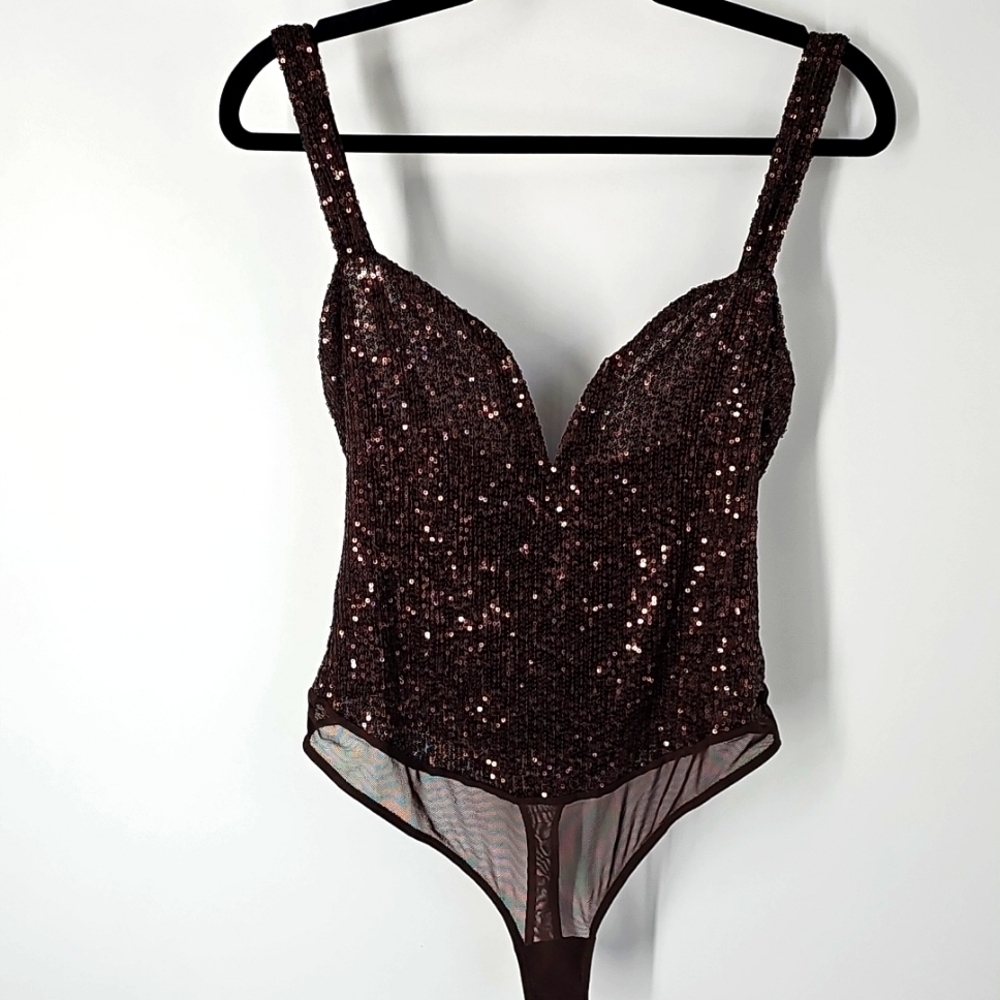 Free People Intimately Hot Cocoa Brown Sequin Sparks Fly Tank Top Bodysuit - Picture 6 of 16